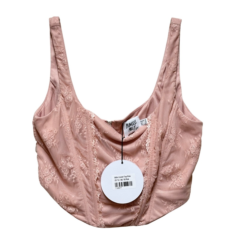 Princess Polly Eblin Corset Top Pink Floral Lace Mesh Crop Zip Back US 12 NEW